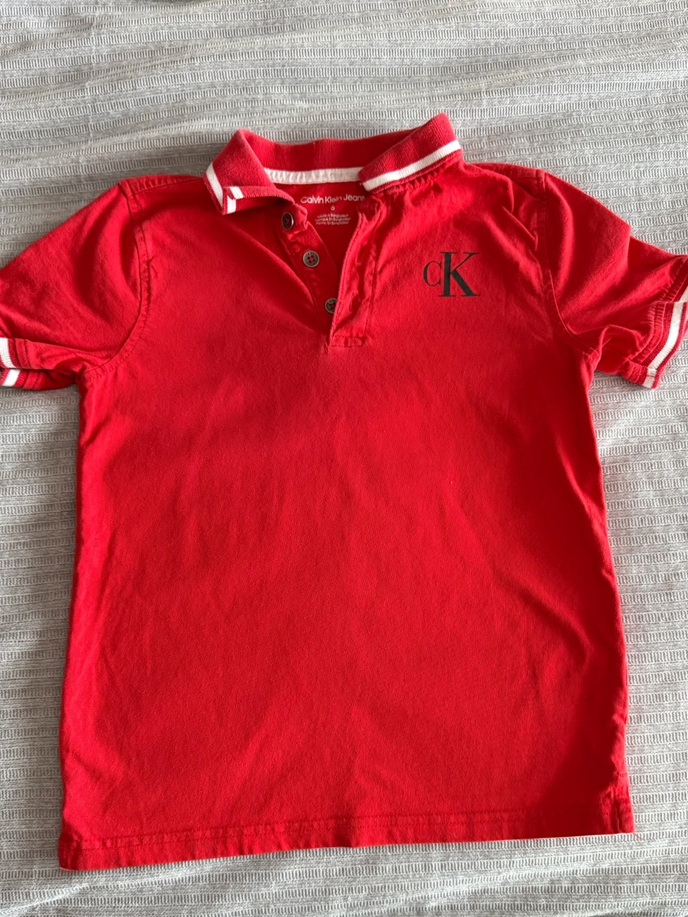 Calvin Klein Jeans Boys Red Polo with White Stripe Trim pre loved